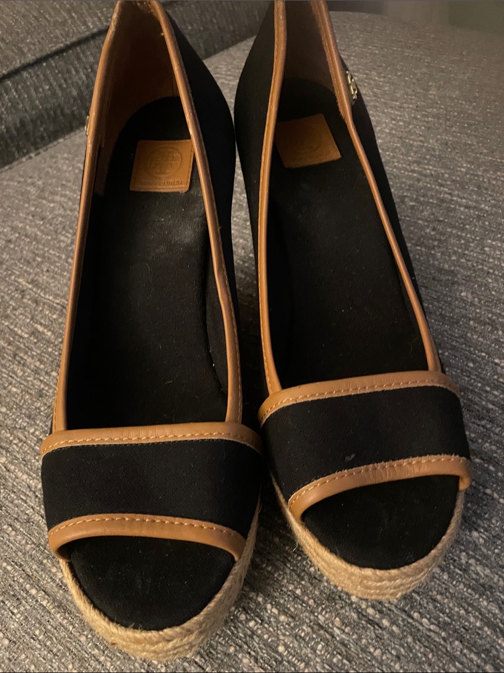 Tory Burch Black and Tan Espadrille Wedge Flats